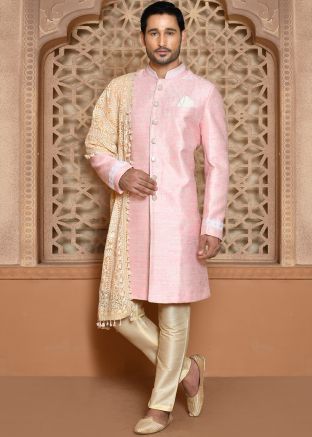 Light Pink  Men Indowestern Banarasi Silk Sherwani In Woven Work