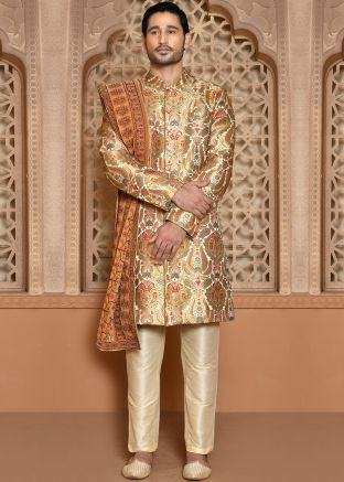 Cream Men Indowestern Banarasi Silk Sherwani