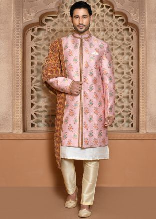 Men Woven Work Banarasi Silk Indowestern Sherwani In Pink