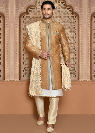 Golden Men Thread Embroidered Banarasi Silk Indowestern Sherwani Set