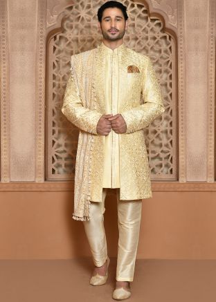 Cream Men Indowestern Banarasi Silk Sherwani In Thread Embroidery