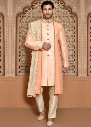 Men Banarasi Silk Indowestern Sherwani With Jacket In Peach