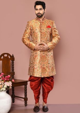 Pink Men Zari Woven Indowestern Dhoti Sherwani In Banarasi Silk