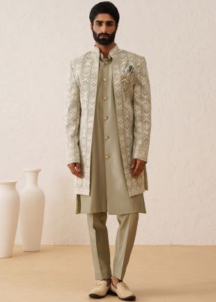 Beige Embroidered Indo-Western Sherwani