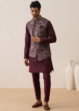 Wine Embroidered Kurta Pajama With Nehru Jacket