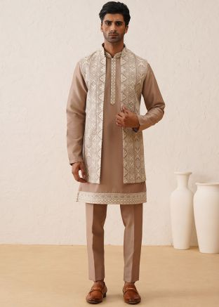 Beige Embroidered Kurta Pajama With Long Jacket