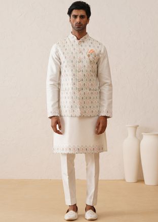 White Embroidered Kurta Pajama With Nehru Jacket