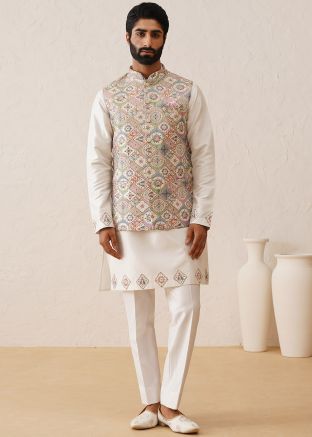 White Embroidered Kurta Pajama With Nehru Jacket