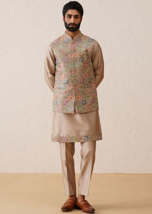Beige Embroidered Kurta Pajama With Nehru Jacket