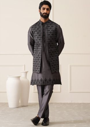 Grey Embroidered Kurta Pajama With Long Jacket