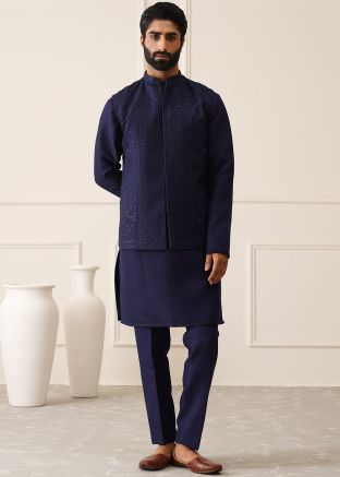 Blue Embroidered Kurta Pajama With Nehru Jacket