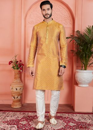 Yellow Woven Readymade Jacquard Mens Kurta Pajama Set