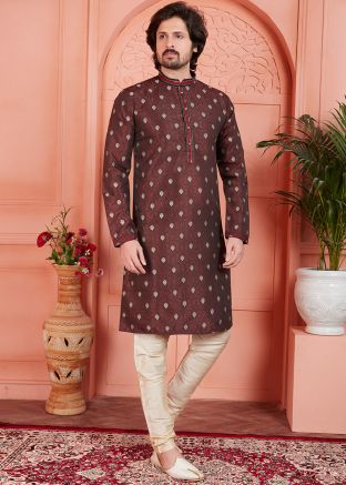Marron Readymade Jacquard Mens Kurta Pajama In Woven Work