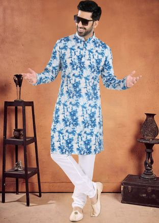 Blue Readymade Mens Kurta Pajama In Cotton