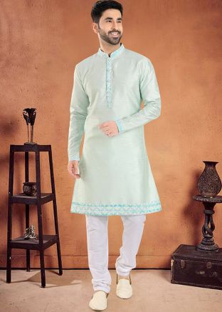 Green Readymade Mens Kurta Pajama In Embroidery 