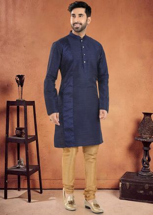 Blue Readymade Mens Kurta Pajama In Art Silk