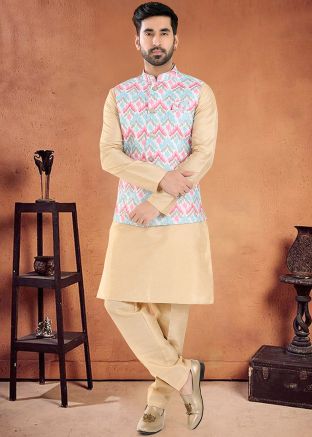 Readymade Mens Nehru Jacket With Kurta Pajama In Golden