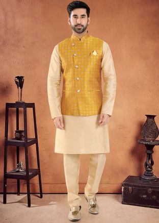 Golden Readymade Mens Nehru Kurta Pajama With Nehru Jacket