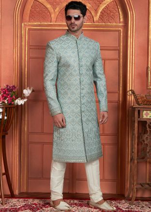 Sage Green Readymade Art Silk Mens Sherwani