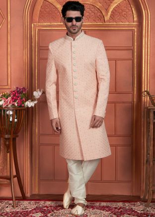 Pink Readymade Embroidered Mens Sherwani Set