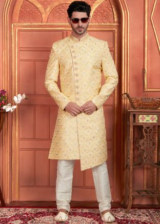 Readymade Yellow Embroidered Mens Indowestern Sherwani Set