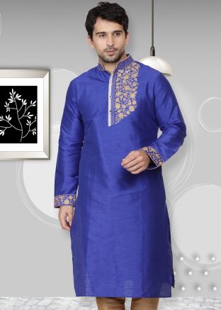 Blue Dupion Silk Straight Cut Embroidered Kurta