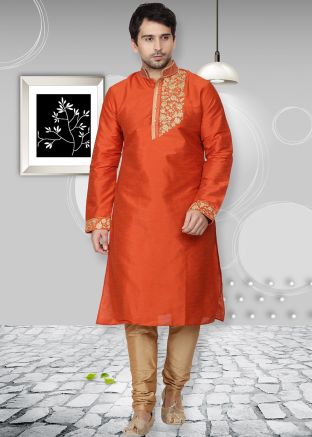 Orange Dupion Silk Readymade Kurta Churidar