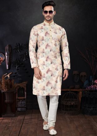 Cream Printed Readymade Mens Cotton Kurta Pajama