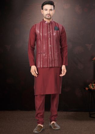 Maroon Kurta Pajama With Embellished Nehru Jacket