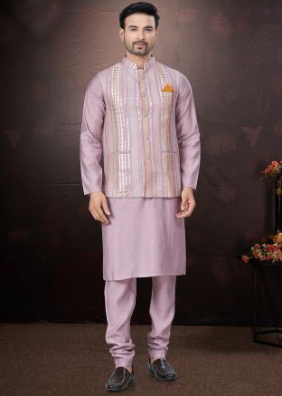 Mauve Pink Men Kurta Pajama With Nehru Jacket