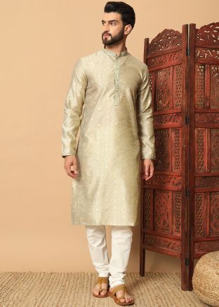 Golden Woven Mens Kurta Pajama In Art Silk