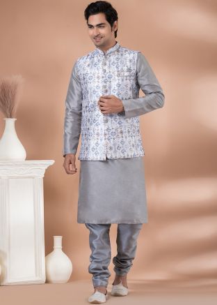 Gery Men Kurta Pajama With Nehru Jacket