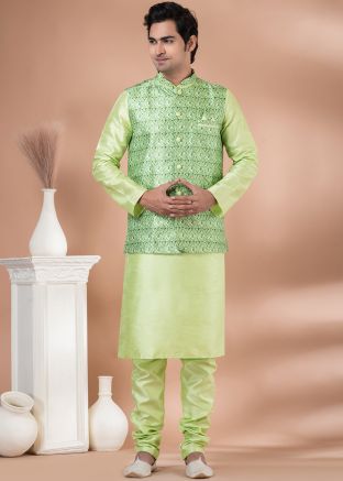 Green Kurta Pajama With Printed Nehru Jacket