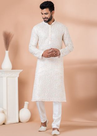 Off White Embroidered Men Kurta Pajama