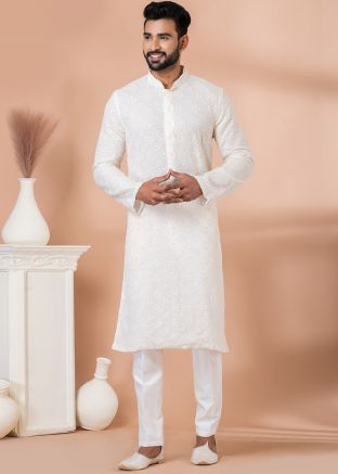 Off White Embroidered Men Kurta Pajama