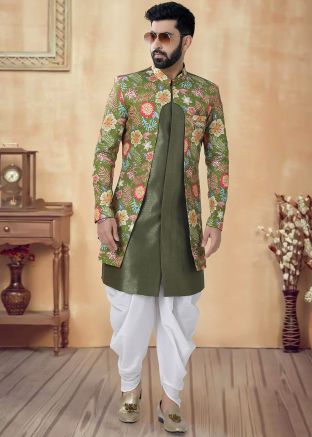 Green Printed Readymade Art Silk Indowestern Sherwani