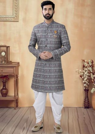 Green Readymade Men Cotton Indowestern Sherwani Set