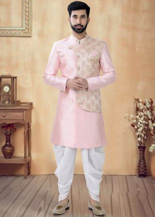 Pastel Pink Readymade Men Indowestern Sherwani In Art Silk