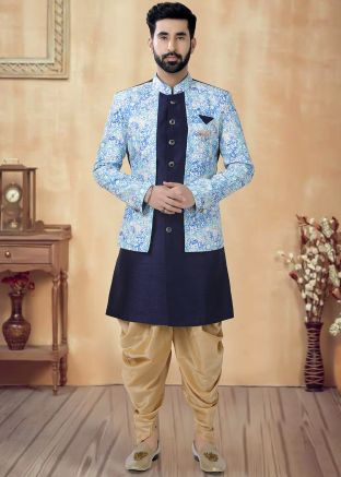 Blue Men Readymade Jacket Style Indowestern Sherwani