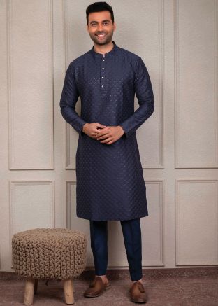 Blue Embroidered Men Kurta Pajama In Silk