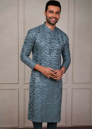 Blue Embroidered Men Kurta Pajama