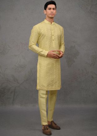 Yellow Embroidered Silk Kurta Pajama