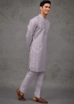 Purple Embroidered Silk Men Kurta Pajama