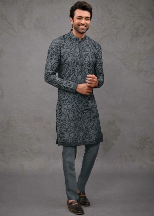 Grey Embroidered Silk Men Kurta Pajama