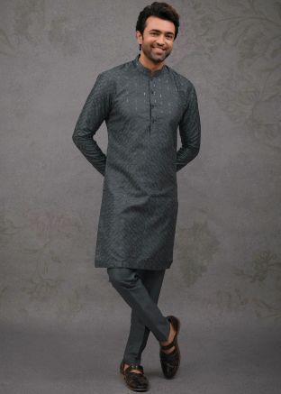 Grey Embroidered Silk Men Kurta Pajama