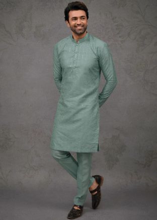 Green Embroidered Silk Men Kurta Pajama