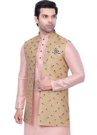 Beige Woven Men Long Jacket In Jacquard