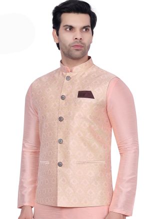 Pink Men Woven Nehru Jacket In Brocade
