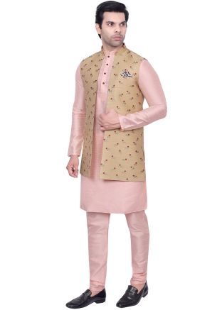 Pink Kurta Pajama With Woven Long Jacket
