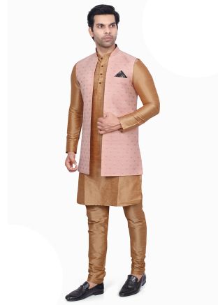 Light Brown Kurta Pajama With Woven Long Jacket
